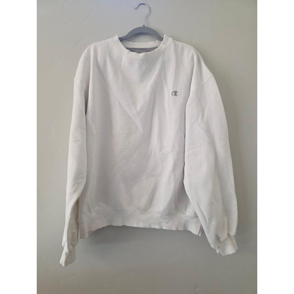 Champion Eco Authentic White Crewneck Sweatshirt XL Distressed Minimal